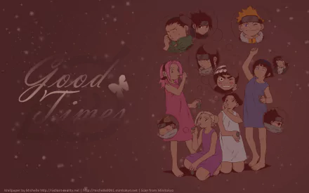 HD wallpaper featuring various Naruto characters like Sakura, Naruto, Sasuke, and Hinata in a relaxed, festive setting. Text reads Good Times with a butterfly accent on a maroon background.