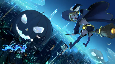 HD anime city wallpaper featuring Halloween-themed Hatsune Miku and Rin Kagamine dressed in costumes, flying above glowing jack-o'-lanterns over a futuristic urban skyline.