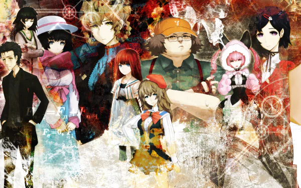 HD desktop wallpaper featuring characters Yuki Amane, Kagari Shiina, Maho Hiyajo, Suzuha Amane, Ruka Urushibara, Rintaro Okabe, Moeka Kiryū, Mayuri Shiina, Kurisu Makise, Itaru Hashida, and Faris Nyannyan from Steins;Gate 0 anime.