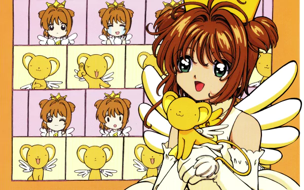 HD anime desktop wallpaper featuring Sakura Kinomoto holding Keroberos from Cardcaptor Sakura, showcasing vibrant, detailed artwork in a cheerful scene.