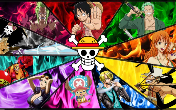 Colorful HD desktop wallpaper featuring characters from the anime One Piece: Tony Tony Chopper, Nico Robin, Brook, Franky, Roronoa Zoro, Usopp, Sanji, Nami, and Monkey D. Luffy, centered around the Straw Hat Pirates' skull logo.
