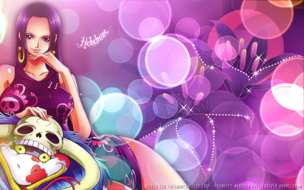 HD desktop wallpaper featuring Boa Hancock from One Piece, with a vibrant purple background adorned with bokeh light effects.