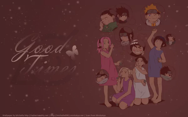 HD wallpaper featuring various Naruto characters like Sakura, Naruto, Sasuke, and Hinata in a relaxed, festive setting. Text reads Good Times with a butterfly accent on a maroon background.
