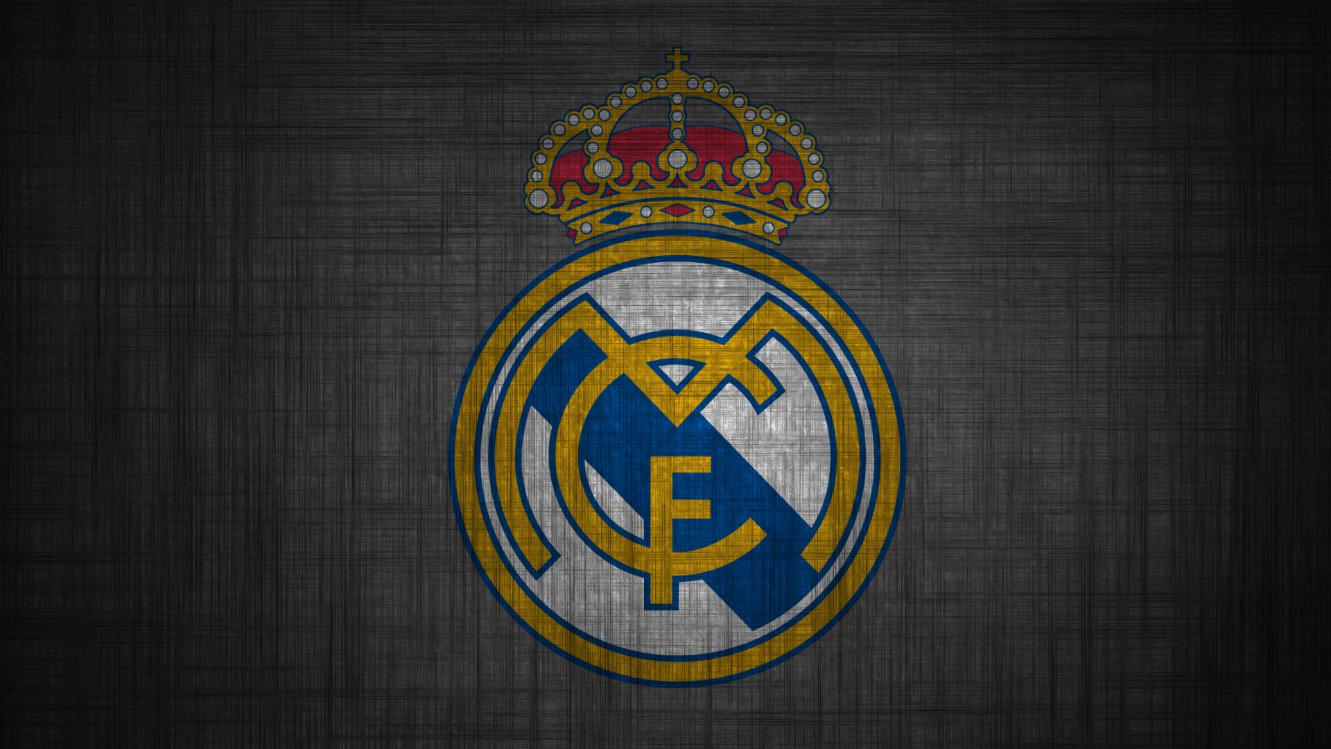 HD desktop wallpaper featuring the Real Madrid C.F. logo on a textured grey background.