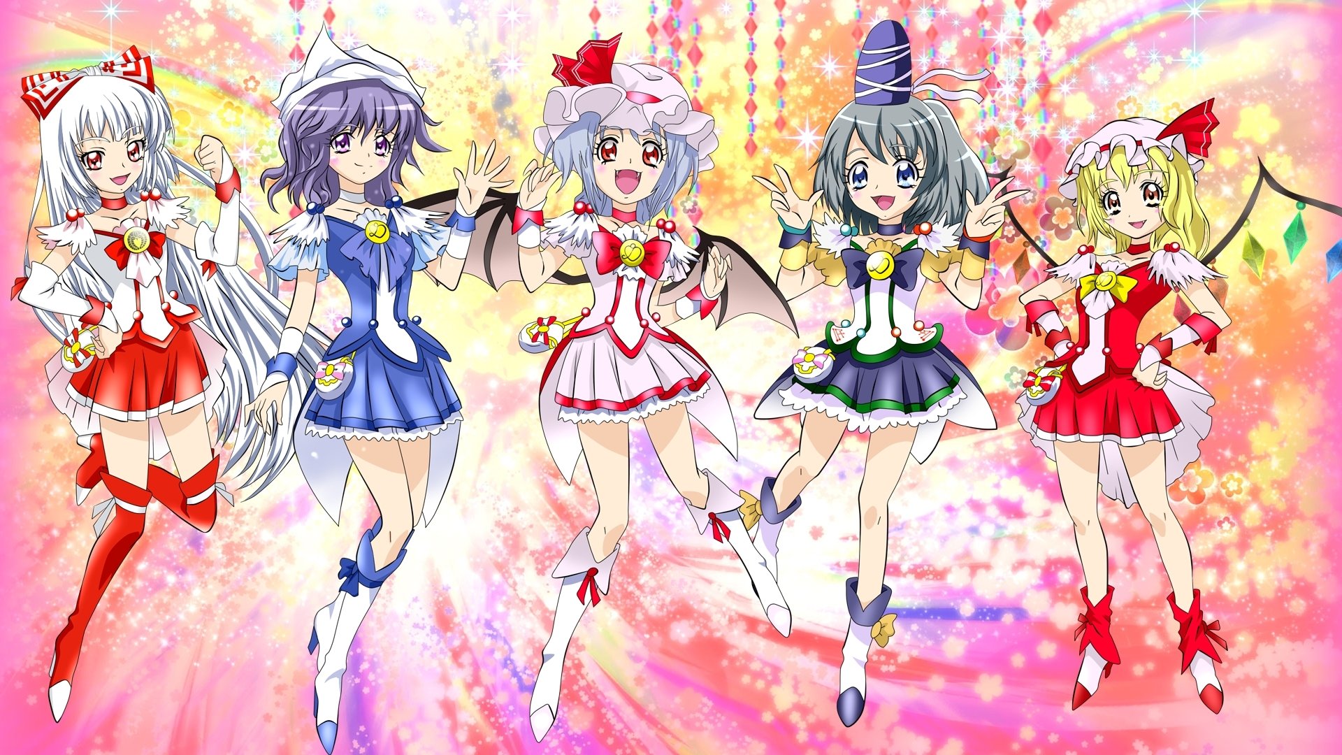 HD PC desktop Touhou anime wallpaper: Mononobe No Futo, Letty Whiterock, Remilia Scarlet, Flandre Scarlet and Fujiwara no Mokou in colorful magical-girl outfits on a sparkling pink background.