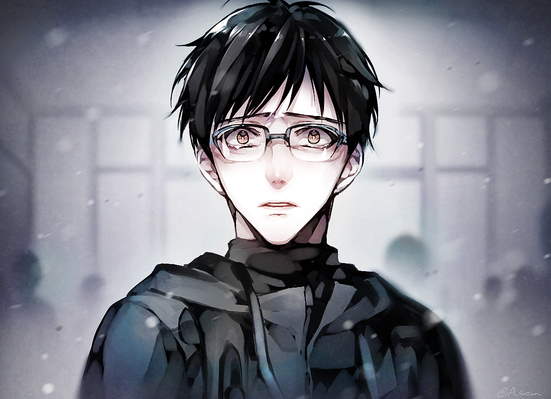 HD wallpaper of Yuri!!! on ICE featuring a close-up of a black-haired character with glasses, set against a snowy background. The expressive and detailed anime artwork captures a solemn mood.