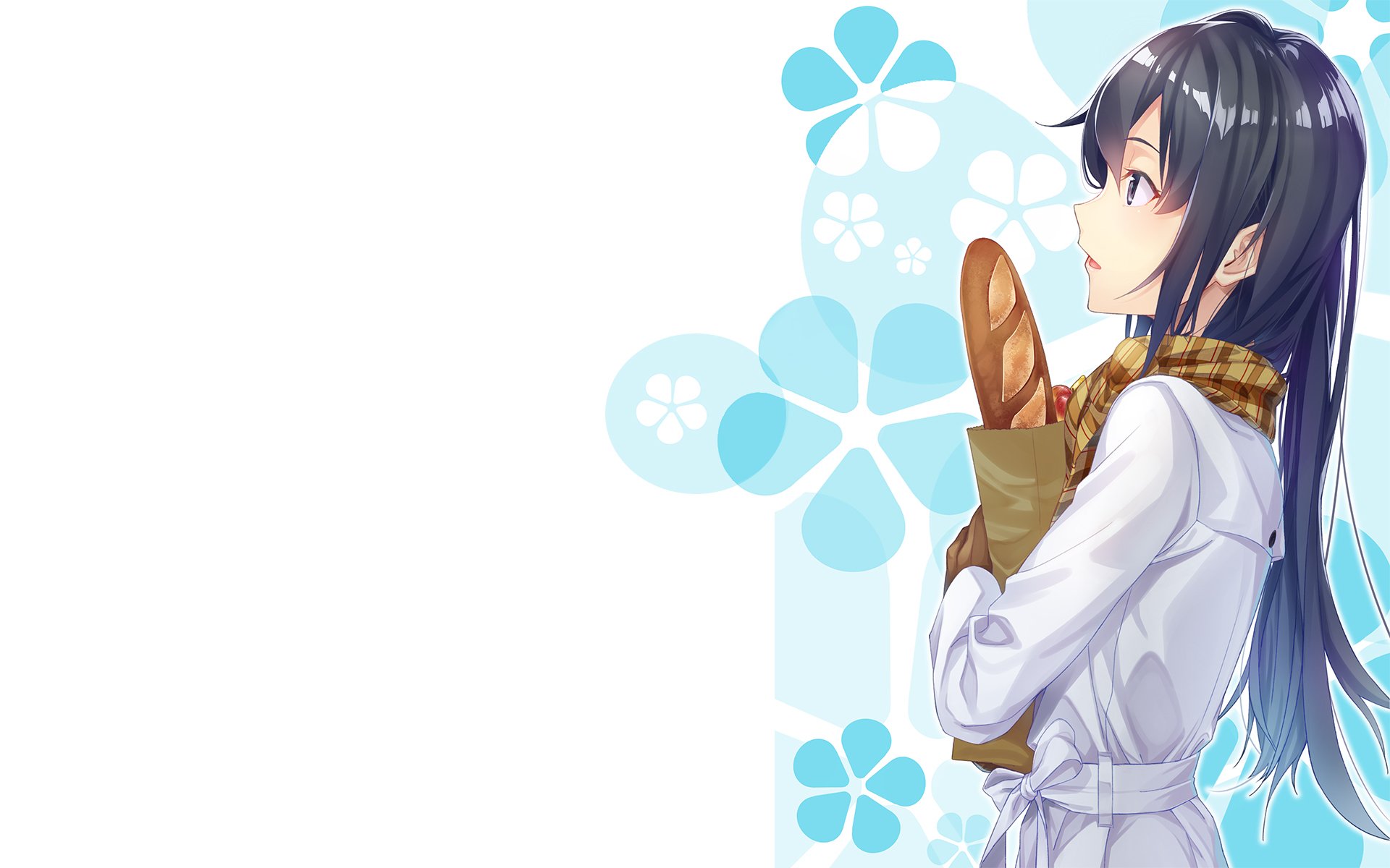 HD PC desktop wallpaper featuring a character from the anime My Teen Romantic Comedy SNAFU holding a paper bag with baguettes against a floral background.
