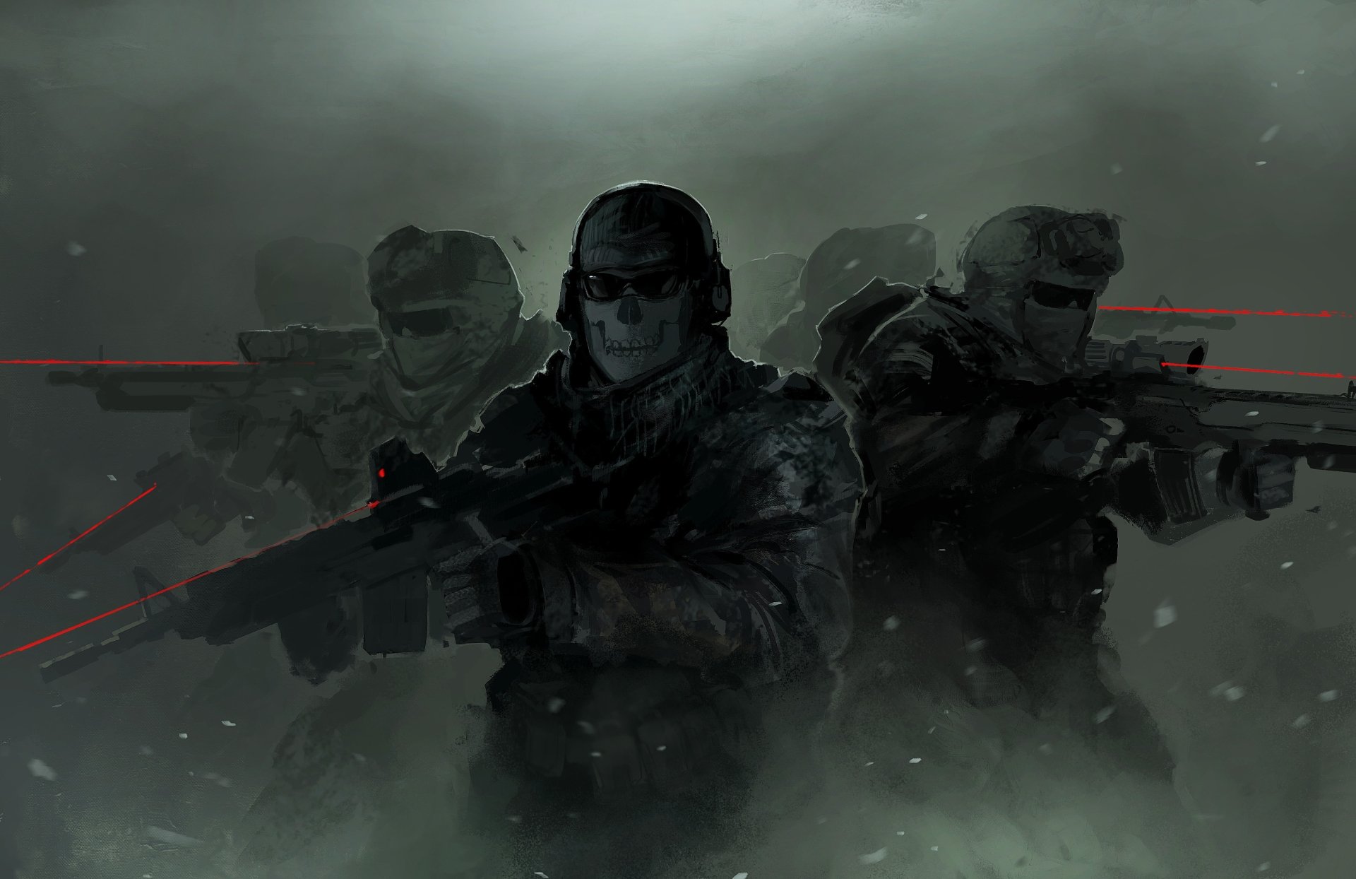 HD wallpaper featuring soldiers from Call of Duty: Modern Warfare 2 in a misty, dark environment with red laser sights.