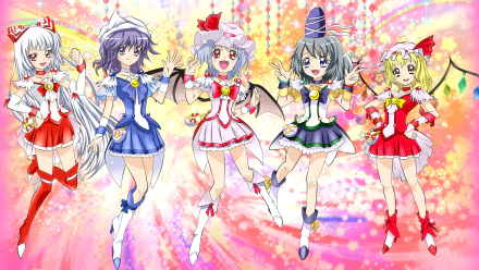 HD PC desktop Touhou anime wallpaper: Mononobe No Futo, Letty Whiterock, Remilia Scarlet, Flandre Scarlet and Fujiwara no Mokou in colorful magical-girl outfits on a sparkling pink background.