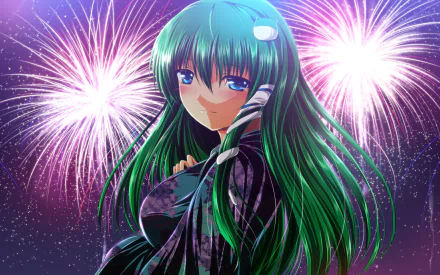 HD anime desktop wallpaper featuring Sanae Kochiya from Touhou, set against a vibrant background with colorful fireworks illuminating the night sky.