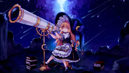 HD PC desktop wallpaper featuring Marisa Kirisame from Touhou, gazing through a large telescope under a starry night sky with cosmic blue and purple hues.