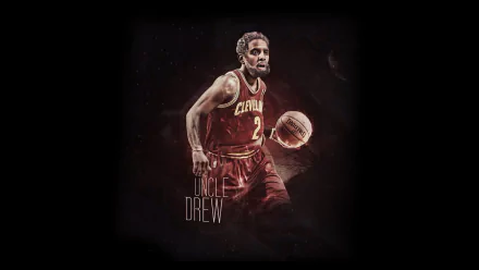 HD desktop wallpaper featuring an action shot of Kyrie Irving in a Cleveland Cavaliers jersey, with the nickname Uncle Drew.
