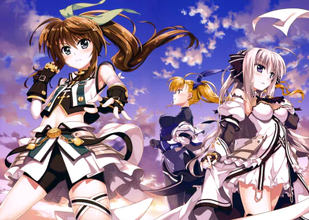 4K Ultra HD PC desktop wallpaper featuring three characters from the anime ViVid Strike! under a vibrant sky with dynamic poses and detailed costumes.
