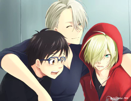 HD desktop wallpaper featuring anime characters from Yuri!!! on ICE. Three characters are closely huddled together, showing different expressions in a lighthearted moment.
