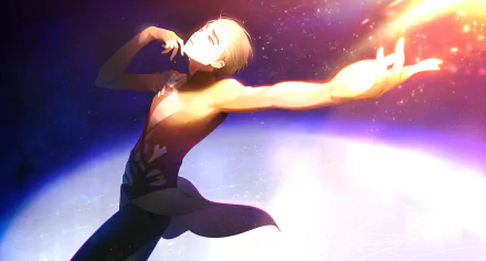 HD desktop wallpaper featuring a character from the anime Yuri!!! on ICE, gracefully performing a dance move against a cosmic, colorful background.