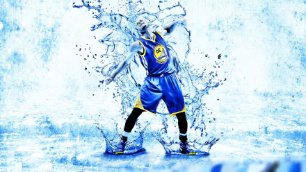 HD desktop wallpaper featuring an artistic rendition of a basketball player in action with a dynamic water splash effect in blue tones.