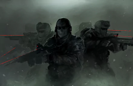 HD wallpaper featuring soldiers from Call of Duty: Modern Warfare 2 in a misty, dark environment with red laser sights.