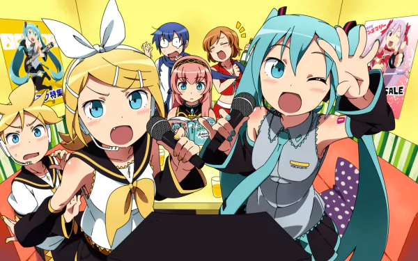 A vibrant HD desktop wallpaper featuring Vocaloid characters Kaito, Meiko, Luka Megurine, Len Kagamine, Rin Kagamine, and Hatsune Miku in an animated, fun karaoke scene.
