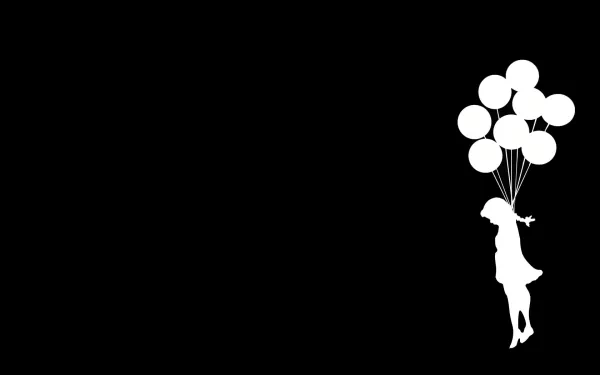 A dark-themed HD desktop wallpaper featuring a silhouette of a figure holding white balloons, creating an emo aesthetic that combines subtle melancholy and whimsy.