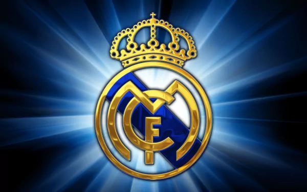 HD desktop wallpaper of Real Madrid C.F. logo with a radiant blue background and a shining gold crown.