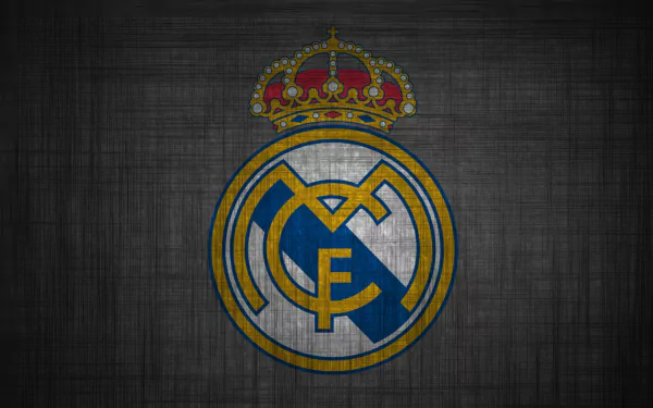 HD desktop wallpaper featuring the Real Madrid C.F. logo on a textured grey background.