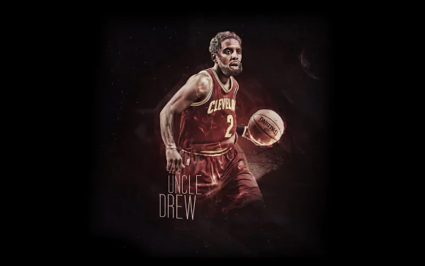 HD desktop wallpaper featuring an action shot of Kyrie Irving in a Cleveland Cavaliers jersey, with the nickname Uncle Drew.