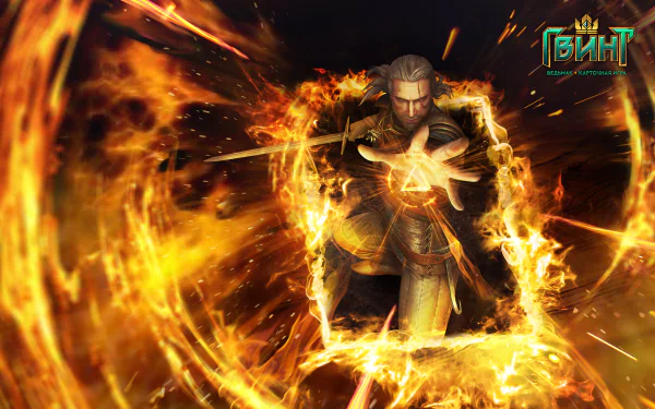 HD desktop wallpaper from Gwent: The Witcher Card Game featuring Geralt of Rivia conjuring a fiery magic attack, inspired by The Witcher 3: Wild Hunt video game.