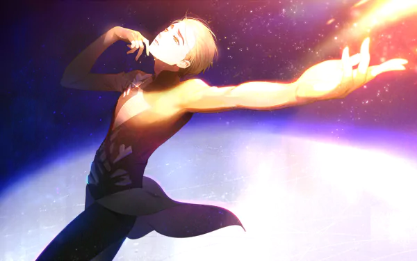 HD desktop wallpaper featuring a character from the anime Yuri!!! on ICE, gracefully performing a dance move against a cosmic, colorful background.