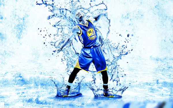 HD desktop wallpaper featuring an artistic rendition of a basketball player in action with a dynamic water splash effect in blue tones.