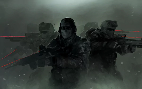 HD wallpaper featuring soldiers from Call of Duty: Modern Warfare 2 in a misty, dark environment with red laser sights.