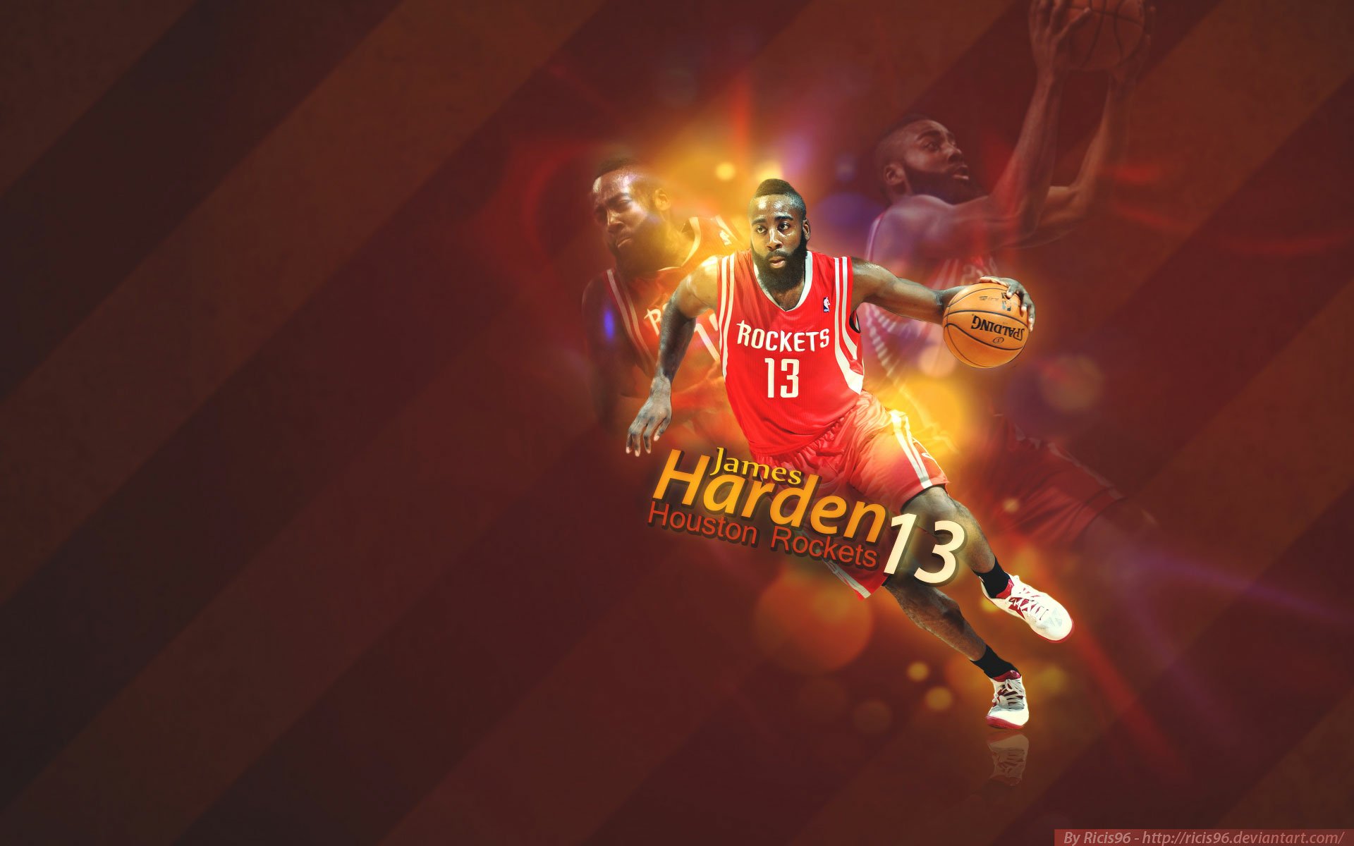 A dynamic HD wallpaper featuring James Harden in a Houston Rockets jersey, showcasing his athleticism with vibrant colors and a blend of basketball action.
