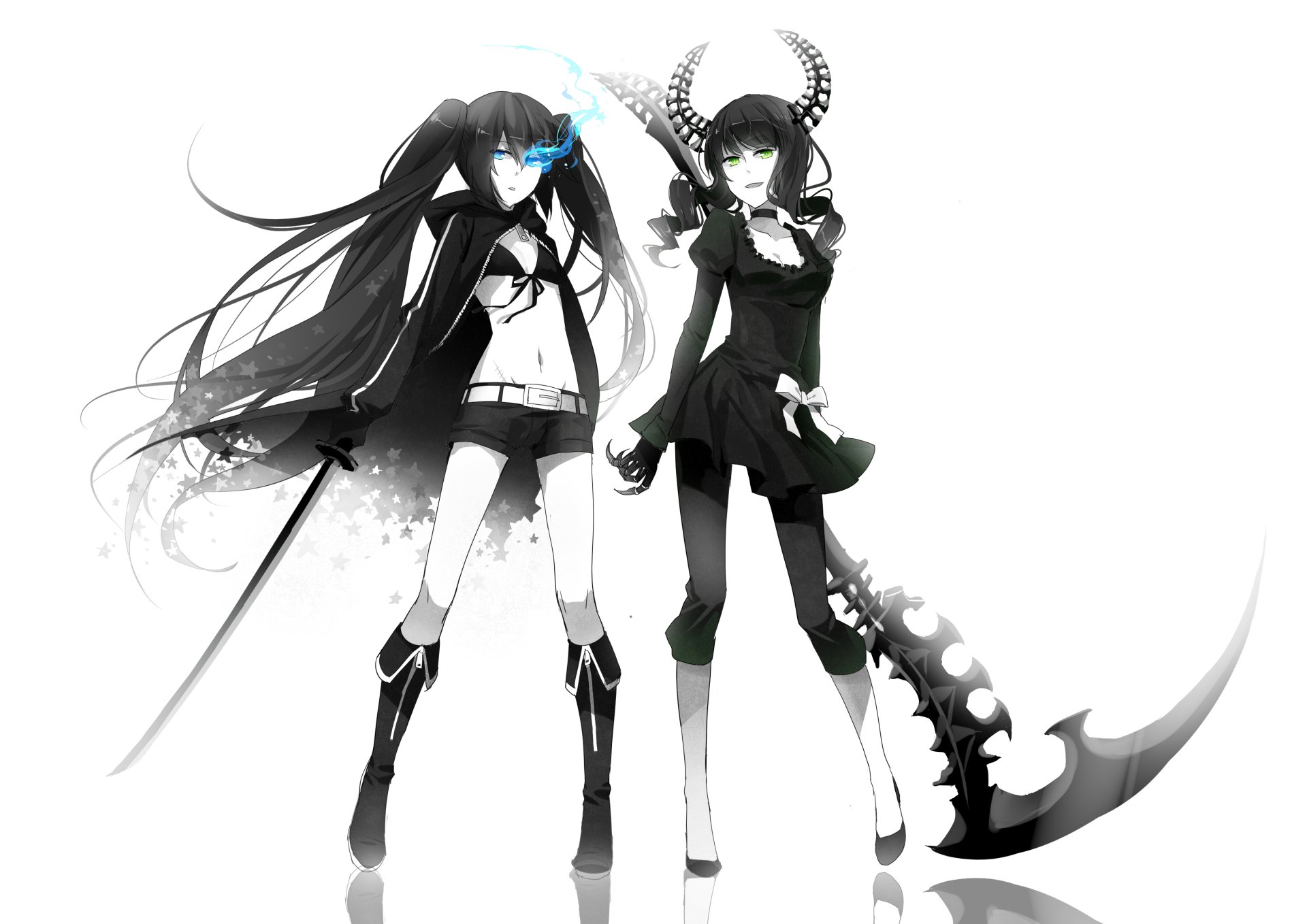 Dead Master (Black Rock Shooter) and Black Rock Shooter stand side-by-side in monochrome with glowing eyes and scythe — 2K Quad HD anime PC desktop wallpaper/background.