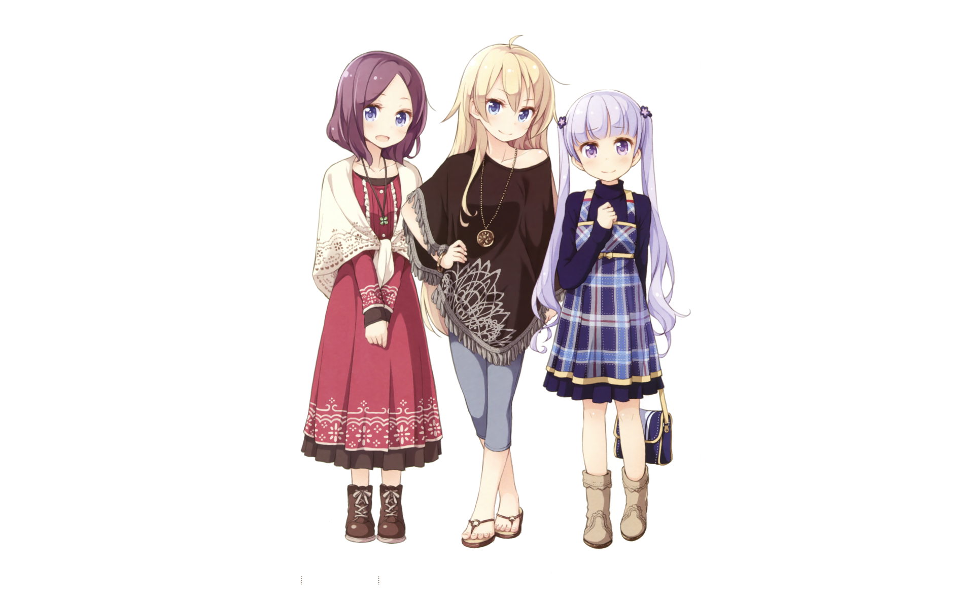 Anime New Game! 5K Ultra HD PC desktop wallpaper/background of three girls: purple-haired in red dress, blonde in casual top and jeans, and lilac twin-tailed girl in a plaid outfit on white background.