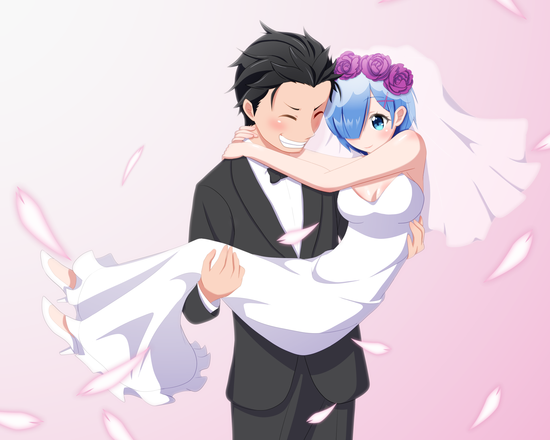 4K Ultra HD anime wallpaper featuring Rem and Subaru Natsuki from Re:Zero - Starting Life in Another World, with Rem in a wedding dress and Subaru in a tuxedo.