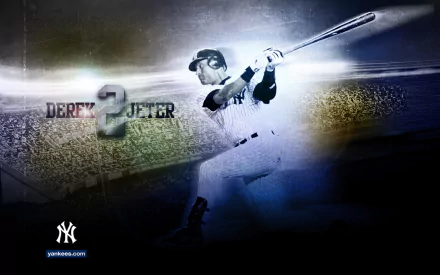 HD desktop wallpaper featuring a stylized image of Derek Jeter mid-swing with a crowd in the background and the Yankees logo.