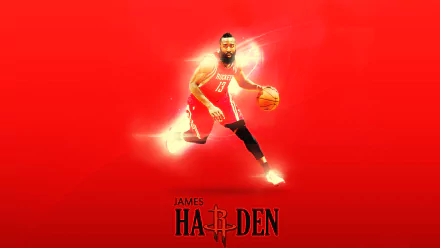 HD desktop wallpaper featuring James Harden in action on a vibrant red background.