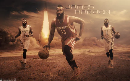 HD desktop wallpaper featuring James Harden in Rockets uniform with a dynamic, fiery basketball theme background.