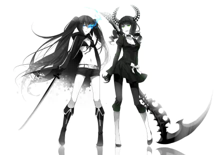 Dead Master (Black Rock Shooter) and Black Rock Shooter stand side-by-side in monochrome with glowing eyes and scythe — 2K Quad HD anime PC desktop wallpaper/background.