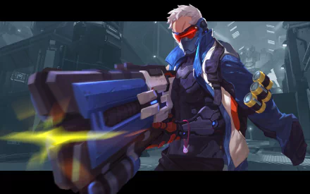Soldier: 76 from Overwatch fires his pulse rifle in a dark urban setting, depicted in vibrant colors in this 8K Ultra HD PC desktop wallpaper.