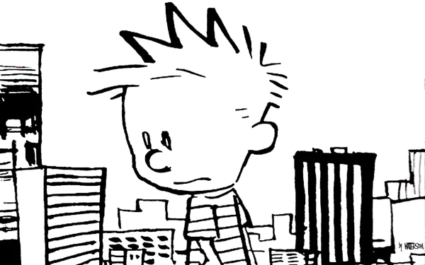 Calvin from Calvin & Hobbes looks thoughtfully at a city skyline in this HD comic wallpaper, capturing the essence of childhood imagination and adventure.