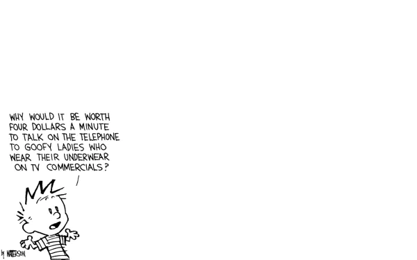 Calvin from *Calvin & Hobbes* humorously questions the value of phone calls to ladies in commercials. This HD desktop wallpaper captures the essence of the beloved comic strip's wit.