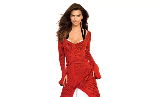HD desktop wallpaper featuring American brunette model and celebrity Emily Ratajkowski with brown eyes, wearing a stylish red outfit against a white background.