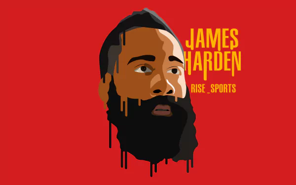 HD desktop wallpaper featuring a stylized illustration of James Harden against a red background.