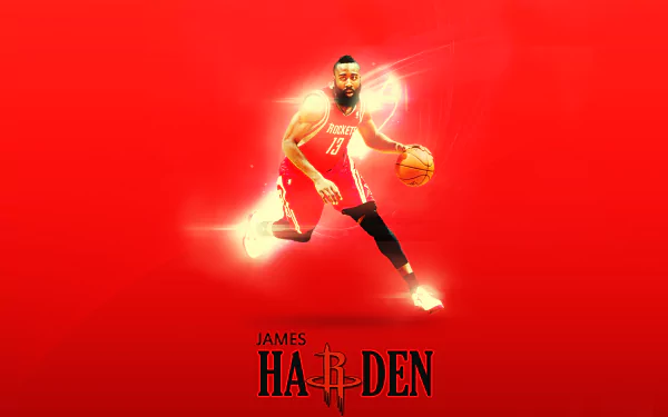 HD desktop wallpaper featuring James Harden in action on a vibrant red background.