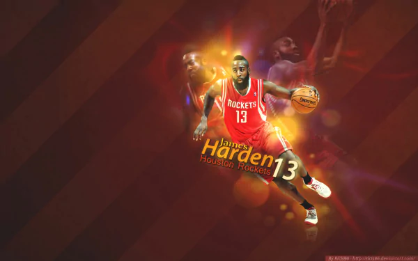 A dynamic HD wallpaper featuring James Harden in a Houston Rockets jersey, showcasing his athleticism with vibrant colors and a blend of basketball action.