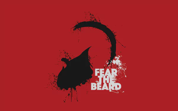 HD wallpaper with the slogan Fear The Beard in a stylized font, alongside an abstract depiction of a beard, set against a red background.