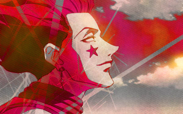 HD desktop wallpaper featuring Hisoka from Hunter × Hunter, showcasing a vibrant, stylized profile view with an intense red and orange background.