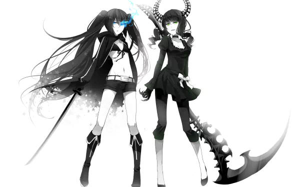 Dead Master (Black Rock Shooter) and Black Rock Shooter stand side-by-side in monochrome with glowing eyes and scythe — 2K Quad HD anime PC desktop wallpaper/background.