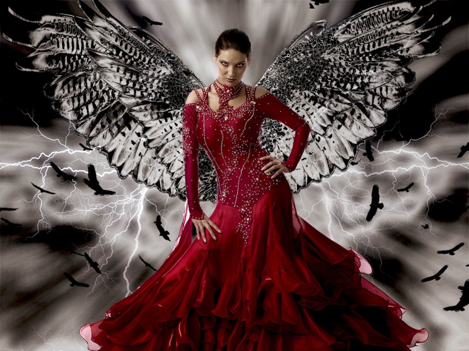 Download Crow Wings Red Dress Fantasy Angel Wallpaper