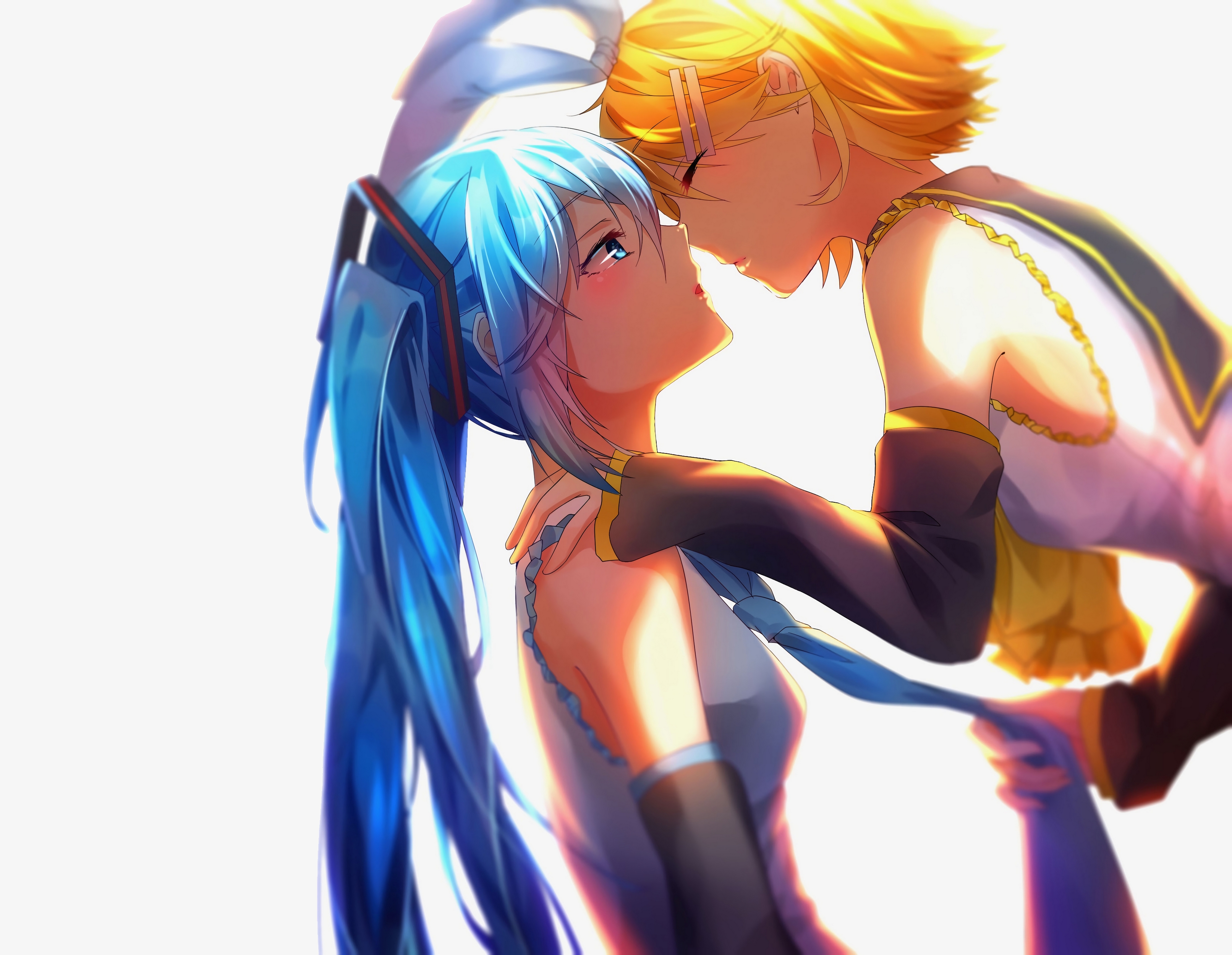 Download Twintails Tie Blonde Yellow Eyes Blue Eyes Blush Blue Hair Short  Hair Long Hair Rin Kagamine Hatsune Miku Anime Vocaloid HD Wallpaper